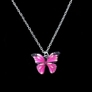 BEAUTIFUL Pink and Blue Butterfly Necklace Silver Plate Chain